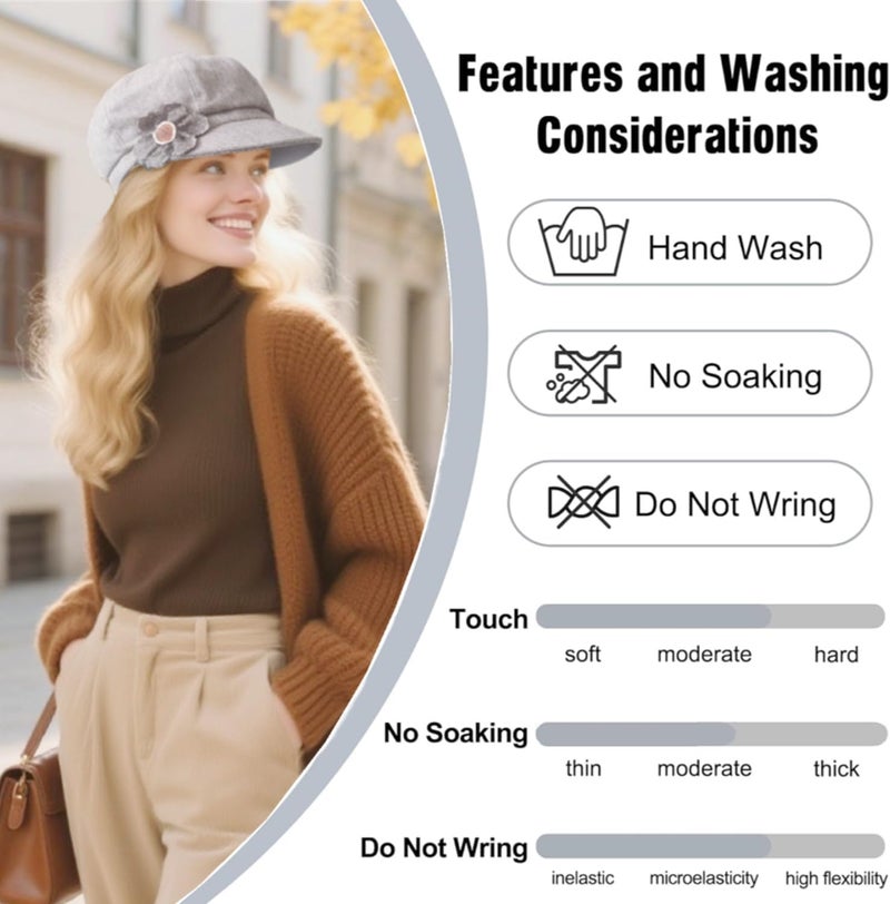 stablerice 2 Pcs Womens Newsboy Cap Women Retro Classic Visor Newsboy Cabbie Cap Beret Hats with Flower Buckle - Image 4